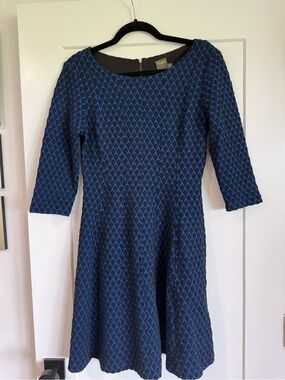 Taylor Blue & Black Patterned Long Sleeve Fit-and-Flare Dress